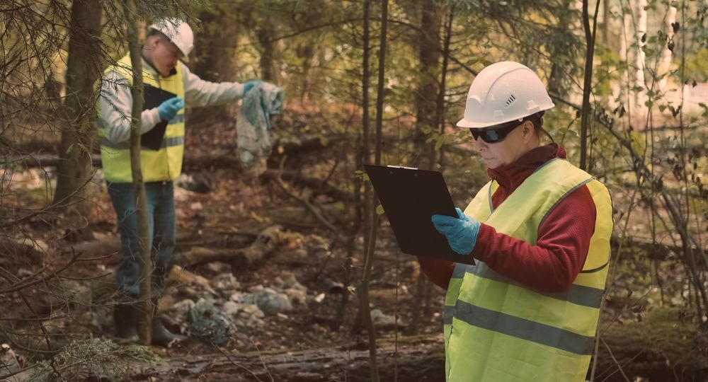 Man,And,Woman,Environmentalists,In,Workwear,And,Helmets,Document,Offense