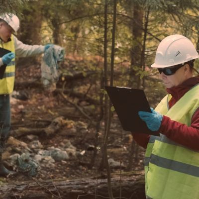 Man,And,Woman,Environmentalists,In,Workwear,And,Helmets,Document,Offense